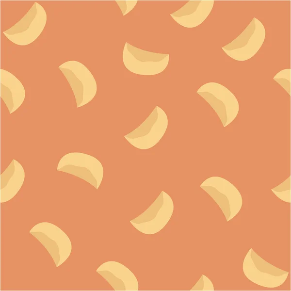 Seamless pattern of dumplings, varenyky, pelmeni, ravioli or momo, dim sum. Dumplings on orange background. Polish cuisine. Eastern european cuisine. Vector flat illustration of food in cartoon style. — Stock Vector