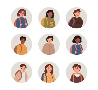 Çocuk portreleri seti. Sırt çantalı okul çocukları ve kızlar, ırk farklılıklarının yüzlerini ve omuzlarını karıştırıyorlar. Düz biçim vektör simgeleri ayarlandı. Açık gri yuvarlak şekilli çocuklar resimlerini kullanır.