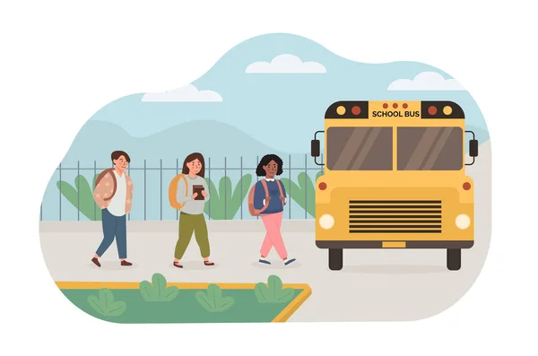 Scène van multi-etnische, mix ras kinderen opgepikt door de gele schoolbus. Kinderen gaan terug naar school. Vector illustratie in platte stijl. — Stockvector