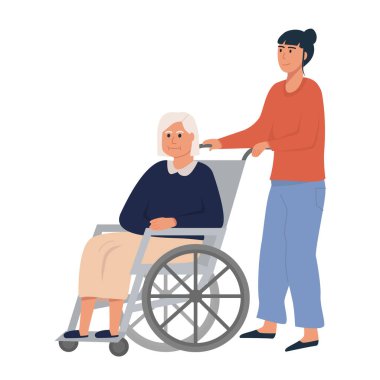 Tekerlekli sandalyede yaşlı bir kadınla kız ya da kız akrabası. Yaşlı adam tekerlekli sandalyede oturuyor. Emekli engelli kadın. Bakım evi ya da bakım evi kavramı. Beyaz üzerinde düz vektör illüstrasyonu.