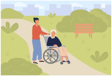 Genç kız sosyal hizmet görevlisi yeşil parkta tekerlekli sandalyede yaşlı bir kadınla geziyor. Yaşlı, yaşlı, engelli, gönüllü bir bayan. Bakım evi mi bakım evi mi? Düz vektör illüstrasyonu.