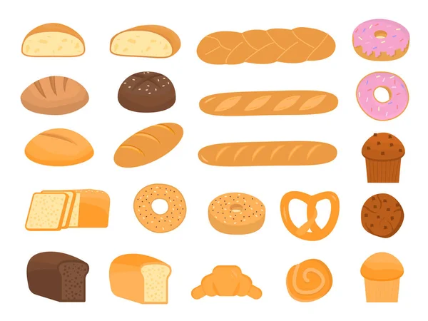 Set van cartoon bakken gebak producten voor bakkerij menu, recept boek. Baguette, roggebrood, volkoren brood, bagel, croissant, zuurdesem, ciabatta, donut, cupcake, maffine, koekje. Vectorillustratie — Stockvector