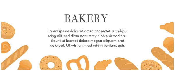 Banner sablon különféle kenyerekkel, finom természetes süteményekkel vagy édes házi süteményekkel. Reklám vektor illusztráció. Szórólap tervezés pékséghez, éttermi menühöz vagy házi kenyérhez. — Stock Vector