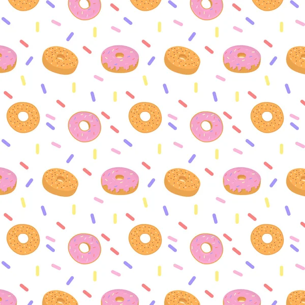 Modello di dolce ciambella colorata o bagel. Modello senza cuciture di diversi tipi di ciambelle colorate con spruzzi. Dolce, pasticceria, ciambelle design per menu, pubblicità caffè, panetteria. Illustrazione vettoriale. — Vettoriale Stock