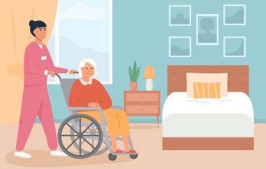 Yerleşik bakım tesisi. Tekerlekli sandalyede yaşlı bir kadınla bir hemşire. Huzurevinde ya da huzurevinde bir yatak odası. Sosyal hizmet görevlisi olan engelli yaşlı bir kişinin olay yeri. Destekli yaşam kavramı.