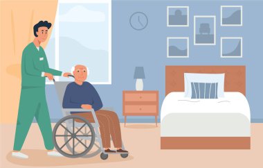 Yerleşik bakım tesisi. Tekerlekli sandalyede yaşlı bir adamla bir bekçi. Huzurevinde ya da huzurevinde bir yatak odası. Sosyal hizmet görevlisi olan engelli yaşlı bir kişinin olay yeri. Destekli yaşam kavramı