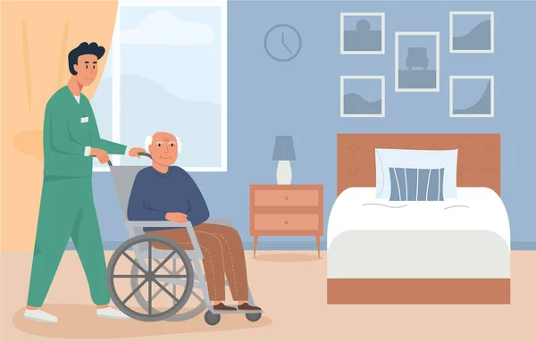 Établissement de soins en établissement. Un gardien avec un vieil homme en fauteuil roulant. Une chambre dans une maison de retraite ou de soins infirmiers. Scène de personne âgée handicapée avec travailleur social à la maison. Concept de vie assistée — Image vectorielle