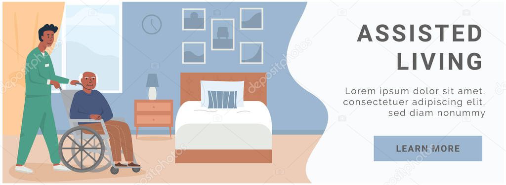 Banner for retirement home. Assisted living at nursing home. A male nurse with elderly black man in wheelchair. African american, asian disabled man at her bedroom. Social worker. Vector illustration.