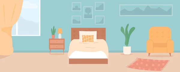 Vektor tecknad illustration av mysiga moderna sovrum, vardagsrum med dubbelsäng, växter, bilder, fåtölj, matta, interiör inuti. Färgstark bakgrund, modernt lägenhetskoncept med möbler — Stock vektor