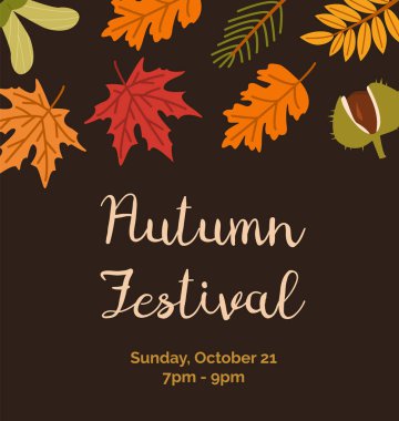 Autumn Festival poster düz vektör şablonlarını davet ediyor. Botanik afişleri. Yapraklar, kestaneler ve dallar yazılı. Sonbahar olayı koyu arkaplan tasarımları.