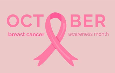 Ekim yazıtları. Göğüs kanseri farkındalığı ayı. Üzerinde pembe karikatür şeridi olan pankart. Meme kanseri dayanışma kampanyası. Typography ile vektör illüstrasyonu.