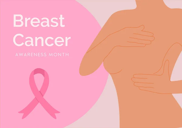 Banner rosa con silueta de mujer. Autocontrol para el cáncer de mama. Mes de concienciación con cinta de dibujos animados rosa. Ilustración vectorial de campaña de cáncer mamario con tipografía. — Vector de stock