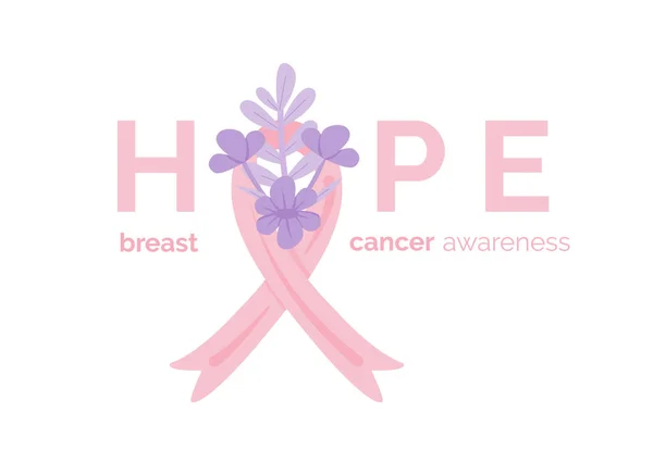 Inscripción de esperanza. Plantilla de banner de mes de concienciación sobre el cáncer de mama con cinta de dibujos animados rosa y ramo de flores violetas. Campaña de solidaridad contra el cáncer mamario. Ilustración vectorial con tipografía. — Vector de stock