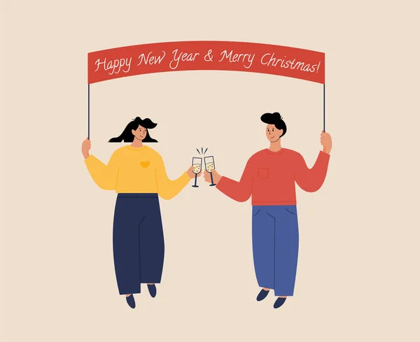 Lovers having a champagne and clink glasses. A couple celebrate Christmas together. Happy men and women on New Year party holding banner with capture. Vector illustration. Holiday greeting card. — Stock Vector