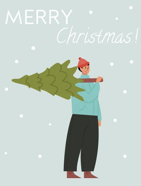 Happy man carrying Christmas tree flat vector illustration. Merry guy with fir tree outdoors. Traditional Xmas shopping. Festive market. Winter season holiday preparation concept. Greeting postcard. — Stock Vector