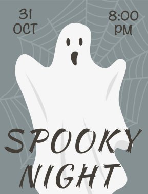 Cadılar Bayramı etkinliğinin arka planında hayalet ve web olan taşıyıcı broşürü. Azizler Günü posteri. 31 Ekim kostüm partisi için reklam şablonu. Ürkütücü bir gece anonsu. Görüntü. 