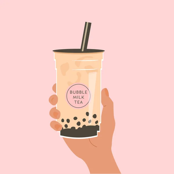 Hand holding a cup of famous Taiwanese bubble tea on pink background. Take away glass with sticker of pearl milk tea. Vector illustration for street asian drinks at night market. Advertisement banner. — Stock Vector