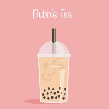 Bir bardak incili sütlü çayı samanla götür. Pembe arka planda bir fincan ünlü Tayvan köpüğü çayı. Gece pazarındaki Asya içkileri için vektör illüstrasyonu. Tapioka çayı.
