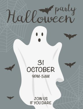 Ürkütücü hayaletlerle dolu Cadılar Bayramı ilanı ve metin vektör illüstrasyonu için yer. Ağ ve yarasalarla Azizler Günü posteri. 31 Ekim kostüm partisi için reklam şablonu. Etkinlik duyurusu.