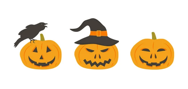 Set of scary pumpkins in witch hat. Creepy pumpkin face with crow. Jack lantern characters. Collection of design elements for Halloween party invitation or flyer. Vector illustration isolated. — Stock Vector