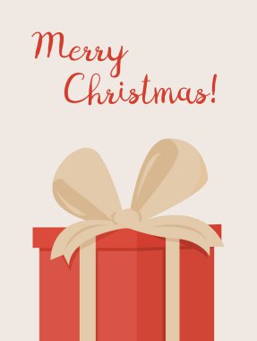 Büyük hediye kutusu ve kurdeleli mutlu Noeller kartı. Xmas zamanı karikatür çizimleri mevcut kutular ile şablon şeklinde. Vektör. Asgari biçim.