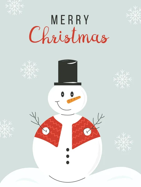 Winter holidays or Christmas greeting card or postcard with dressed snowman with hat and carrot and snowflakes. Xmas winter holiday scene. Vector illustration. — Stock Vector