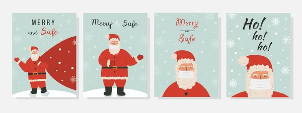 Colección de vectores Feliz Navidad y Feliz Año Nuevo tarjeta de felicitación con lindo Santa Claus usando máscara protectora. Conjunto de tarjetas postales para la víspera del año 2021 después de la pandemia. Celebración de Navidad. — Vector de stock