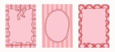 Pembe ve kırmızı dekoratif çerçeveler, yay, deniztarağı ve ekoseli detaylar. El çizimi tatil kartları, sevgililer günü mesajları, düğün notları, yaratıcı hediye paketleri. Vektör illüstrasyonu