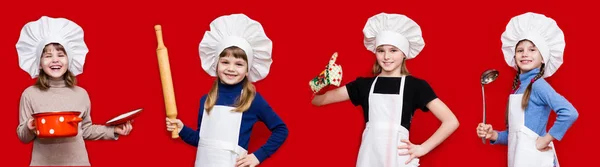 Banner Hermosas Niñas Forma Cocinero Aislado Rojo Chef Niños Concepto — Foto de Stock