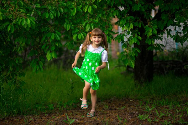 Petite Fille Promenade Dans Jardin Verdoyant Journée Ensoleillée Été — Photo