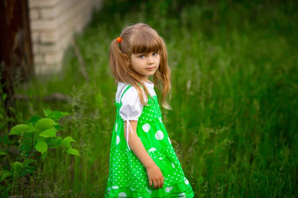 Klein Meisje Groene Tuin Lopen Zonnige Zomerdag — Stockfoto