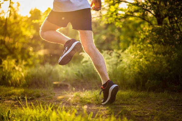 Günbatımı ve dinle müzik Park koşan atletik genç adam. Sağlıklı yaşam tarzı