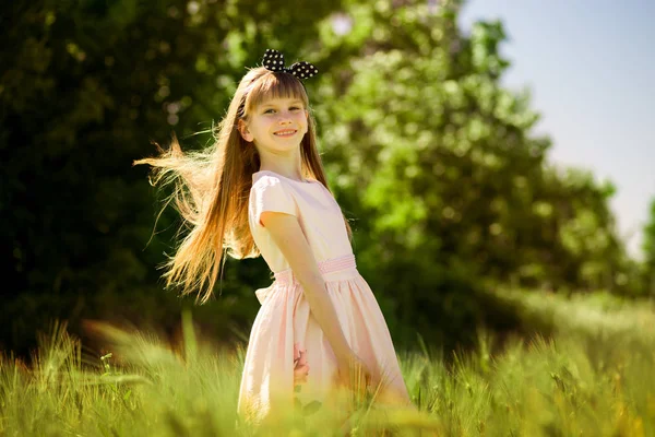 Retrato Hermosa Niña Vestido Elegante Medio Del Campo Verano Verde — Foto de Stock