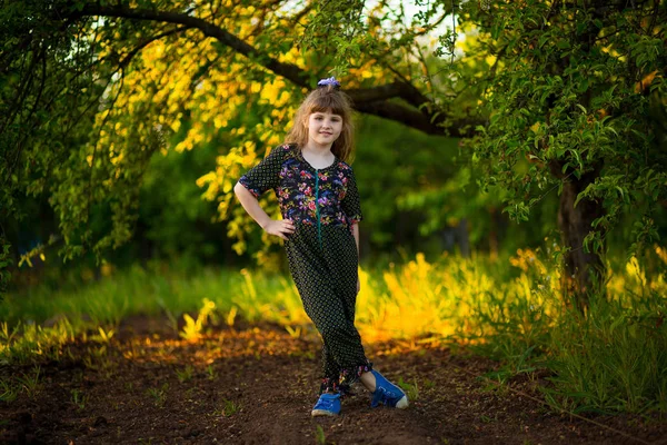 夕暮れ時の公園を歩いて愛らしい笑みを浮かべて少女の肖像画 秋が来ている幸せな子供 — ストック写真