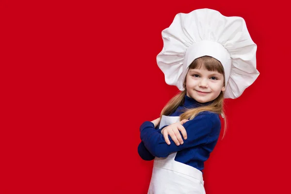 Retrato Menina Bonita Forma Cozinheiro Isolado Vermelho Chefe Cozinha Conceito — Fotografia de Stock