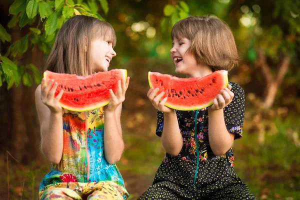 Funny Little Sisters Girl Eat Watermelon Summer Healthy Eating Concept — Stock Photo, Image