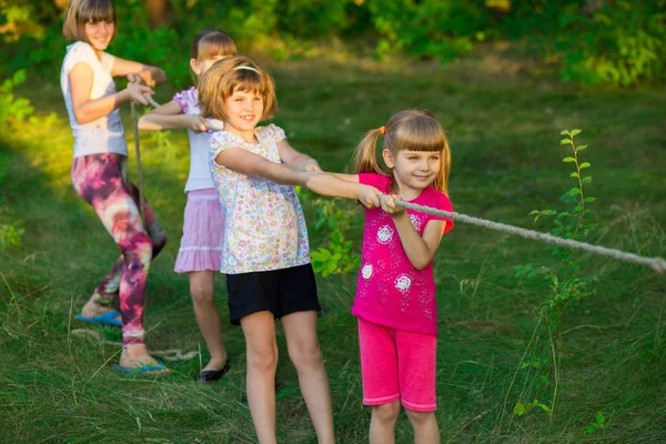 Group Happy Children Playing Tug War Grass Kids Pulling Rope — Stock Photo, Image