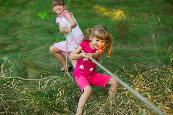 Skupina Šťastných Dětí Hraje Přetahovanou Venku Trávě Děti Tahání Lana — Stock fotografie