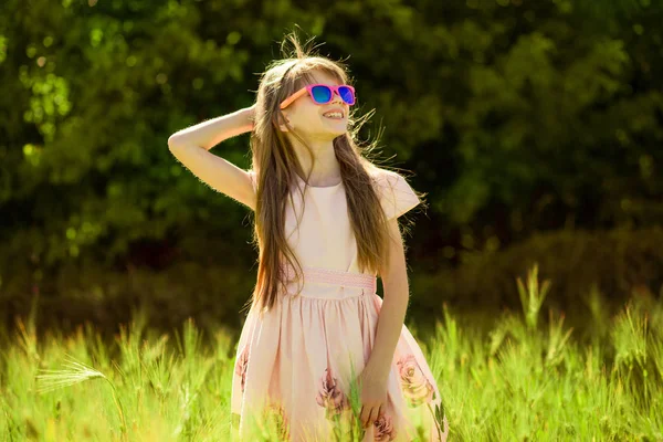 Porträt Eines Entzückenden Kleinen Mädchens Mit Sonnenbrille Grünen Sommerfeld — Stockfoto