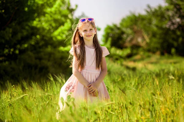 Πορτρέτο Του Αξιολάτρευτο Κοριτσάκι Γυαλιά Ηλίου Καλοκαίρι Πράσινο Πεδίο — Φωτογραφία Αρχείου