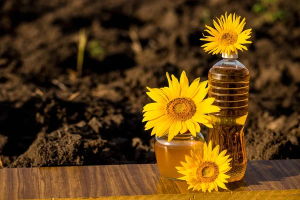 Glass honey jar and bottle of oil on wooden stand with ground background. Photo with copy space area for text