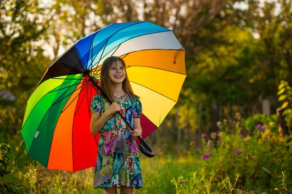 Happy Child Girl Walk Multicolored Umbrella Summer Rain — Stock Photo, Image