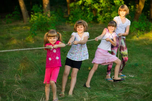 Группа Счастливых Детей Играющих Перетягивание Каната Траве Дети Тянут Веревку — стоковое фото