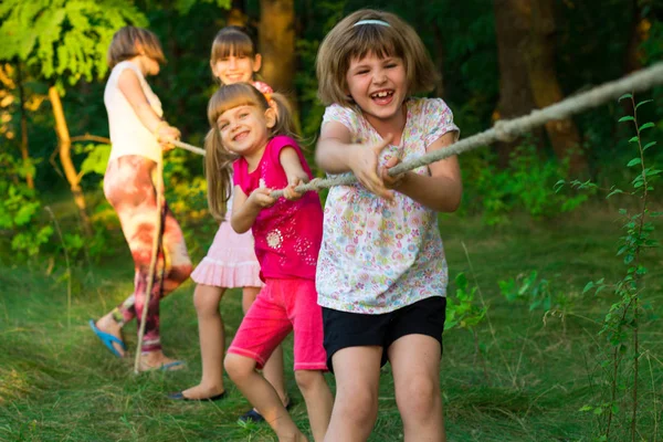 草の上外の綱引きを遊んでいる幸せな子供たちのグループです 子供たちは公園でロープを引っ張るします 夏キャンプの楽しみ — ストック写真