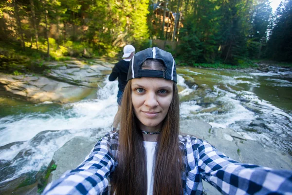 Stylish Woman Boyfriend Take Selfie Action Camera Fast River Middle — Stock Photo, Image