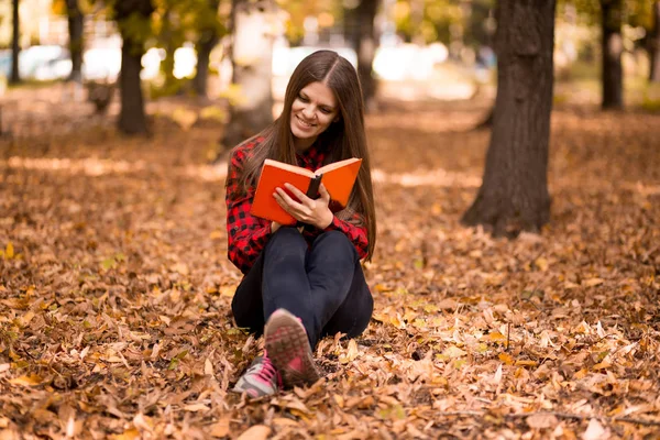 本を読んで秋の公園で美しい少女 少女は本を読んで — ストック写真