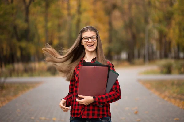 College Student Girl Outdoors Portrait Smiling Student Girl Glasses — ストック写真