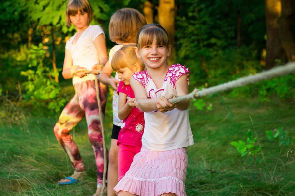 Groupe Enfants Heureux Jouant Remorqueur Guerre Extérieur Sur Herbe Les — Photo