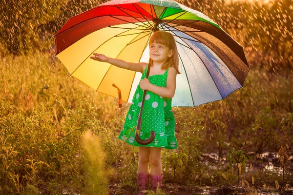 Happy Child Girl Walk Multicolored Umbrella Autumn Rain — Stock Photo, Image