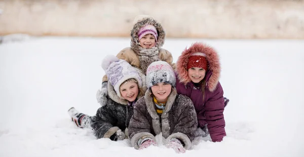 Roliga Barn Leker Och Skrattar Snöiga Vinter Park Glada Systrar — Stockfoto